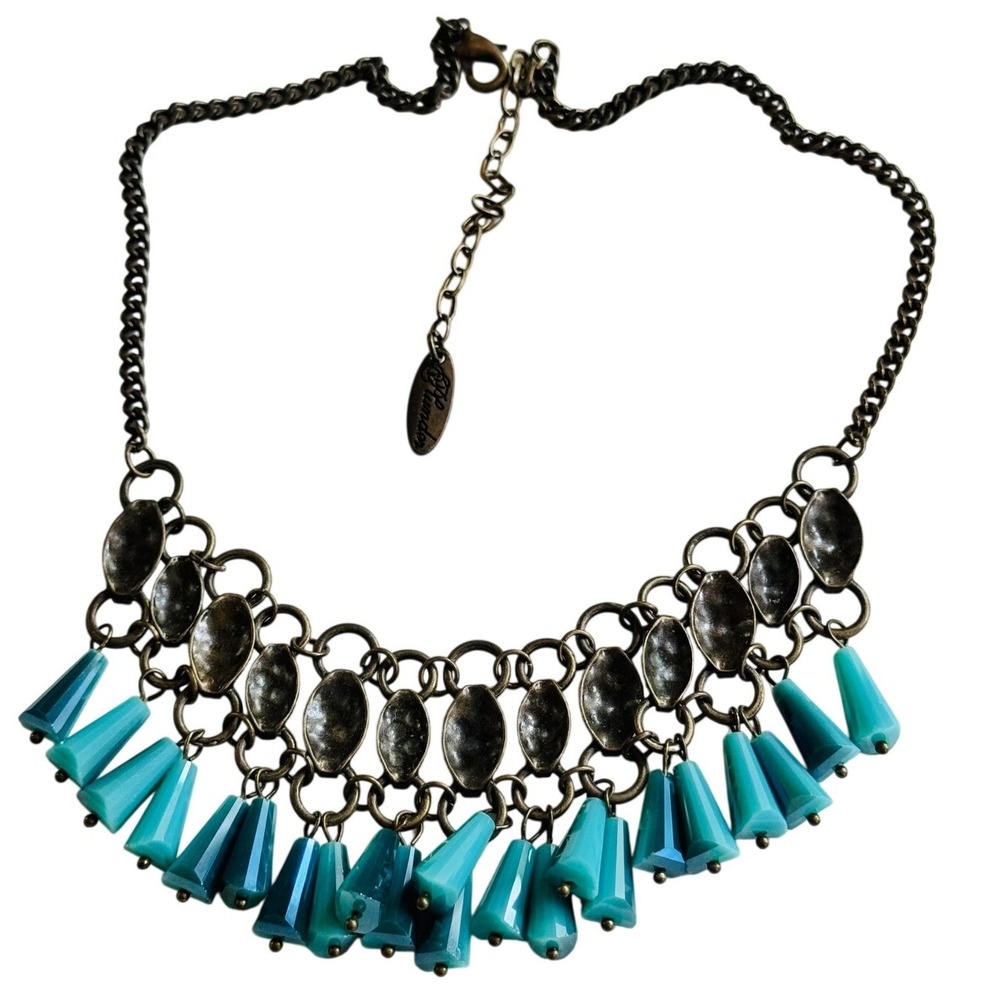 Plunder‎ fringe Necklace Blue Teal art glass Beads Bronze collar Statement 21"
